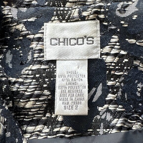 Chicos Tweed Floral Print Buttoned Blazer Jacket Navy Blue Black Gray Size 2 / L - Picture 6 of 7